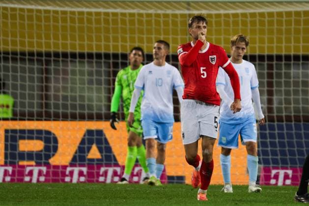 SOCCER - FIFA WC quali, AUT vs SMR VIENNA,AUSTRIA,09.OCT.25 - SOCCER - FIFA World Cup, WM, Weltmeisterschaft, Fussball 2026, European Qualifiers, group stage, OEFB international match, Länderspiel, Nationalmannschaft Austria vs San Marino. Image shows the rejoicing of Stefan Posch (AUT). GEPAxpictures xDavidxBitzan