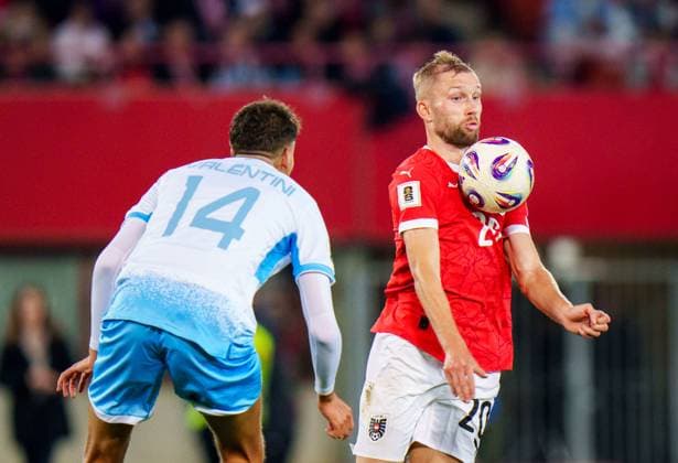 SOCCER - FIFA WC quali, AUT vs SMR VIENNA,AUSTRIA,09.OCT.25 - SOCCER - FIFA World Cup, WM, Weltmeisterschaft, Fussball 2026, European Qualifiers, group stage, OEFB international match, Länderspiel, Nationalmannschaft Austria vs San Marino. Image shows Konrad Laimer (AUT) ans Giacomo Valentini (SMR). GEPAxpictures xEdgarxEisner