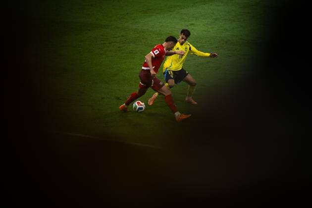 251010 Granit Xhaka of Switzerland and Yasin Ayari of Sweden during the FIFA World Cup, WM, Weltmeisterschaft, Fussball Qualifier football match between Sweden and Switzerland on October 10, 2025 in Stockholm. Photo: Johanna Säll BILDBYRAN kod JL JM0740 bbeng, fotboll, football, soccer, fotball, vm-kval, kval, fifa w Copyright: JOHANNAxSÄLL BB251010ZG018