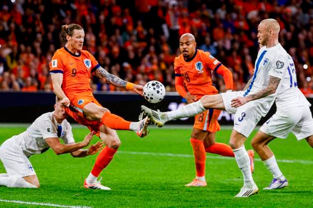 Adam Stahl of Finland and Wout Weghorst of the Netherlands battle for the ball Netherlands v Finland, FIFA World Cup, WM, Weltmeisterschaft, Fussball 2026 Qualifier, Netherlands v Finland, Johan Cruijff Arena, October 12, 2025, Amsterdam, Netherlands.