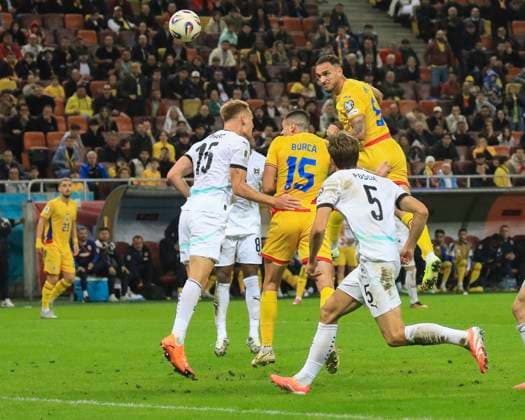 October 12, 2025, FIFA World Cup, WM, Weltmeisterschaft, Fussball Qualifier, Qualifying round, Matchday 8, Group H, Romania vs Austria, Bucharest, National Arena Stadium 5 Virgil Ghita scores his side first goal of the match in the last minute of the game climbs high and wins a header