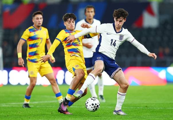 Archie Gray of England and Gerard Sola of Andorra England U21, U 21 v Andorra U21, UEFA U21 Championship Qualifying, Group D, Football, Pride Park, Derby, UK - 13 Oct 2025Derby Pride Park United Kingdom EDITORIAL USE ONLY No use with unauthorised audio, video, data, fixture lists, club league logos or live services. Online in-match use limited to 120 images, no video emulation. No use in betting, games or single club league player publications. Copyright: xMattxWest Shutterstockx 15523218o