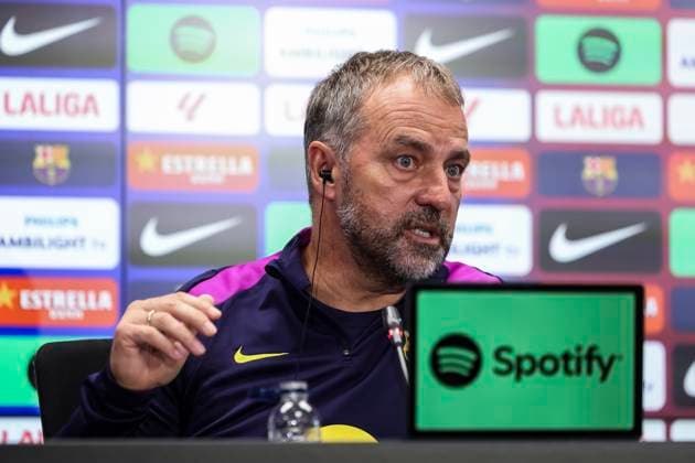 October 17, 2025, Sant Joan Despi, Barcelona, SPAIN: Hansi Flick, head coach of FC Barcelona, Barca attends his press conference, PK, Pressekonferenz during the training day of FC Barcelona ahead the Spanish League, La Liga EA Sports, football match against Girona FC at Ciudad Esportiva Joan Gamper on October 17, 2025 in Sant Joan Despi, Barcelona, Spain. Sant Joan Despi SPAIN - ZUMAa181 20251017_zaa_a181_062 Copyright: xJavierxBorregox