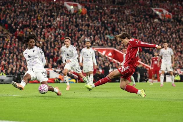 Federico Chiesa of Liverpool schoots at goal. Liverpool v Manchester United, ManU Premier League, Football, Anfield, Liverpool, UK - 19 Oct 2025Liverpool Anfield United Kingdom EDITORIAL USE ONLY No use with unauthorised audio, video, data, fixture lists, club league logos or live services. Online in-match use limited to 120 images, no video emulation. No use in betting, games or single club league player publications. Copyright: xRyanxBrowne Shutterstockx 15548302cl