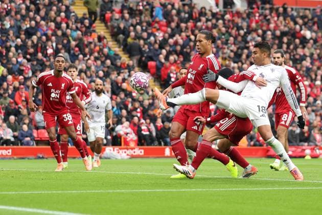 Casemiro of Manchester United, ManU attempts a shot on goal. Liverpool v Manchester United, Premier League, Football, Anfield, Liverpool, UK - 19 Oct 2025Liverpool Anfield United Kingdom EDITORIAL USE ONLY No use with unauthorised audio, video, data, fixture lists, club league logos or live services. Online in-match use limited to 120 images, no video emulation. No use in betting, games or single club league player publications. Copyright: xRyanxBrowne Shutterstockx 15548302cx