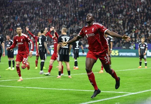 Ibrahima Konate of Liverpool celebrates scoring his sides third goal Eintracht Frankfurt v Liverpool, UEFA Champions League, Group Stage, Football, Deutsche Bank Park, Frankfurt, Germany - 22 Oct 2025Frankfurt Deutsche Bank Park Germany EDITORIAL USE ONLY No use with unauthorised audio, video, data, fixture lists, club league logos or live services. Online in-match use limited to 120 images, no video emulation. No use in betting, games or single club league player publications. Copyright: xMichaelxZemanek Shutterstockx 15558828ab