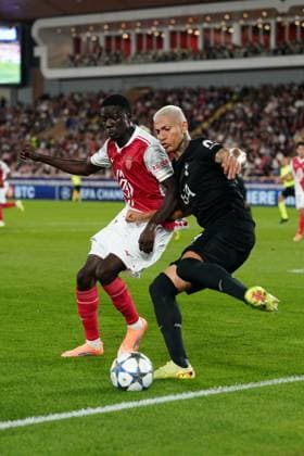 Richarlison of Tottenham and Kassoum Ouattara of Monaco Monaco v Tottenham Hotspur, UEFA Champions League, Group Stage, Football, Stade Louis II, Monaco - 22 Oct 2025Monaco Stade Louis II Monaco EDITORIAL USE ONLY No use with unauthorised audio, video, data, fixture lists, club league logos or live services. Online in-match use limited to 120 images, no video emulation. No use in betting, games or single club league player publications. Copyright: xDavexWinter Shutterstockx 15552361hj