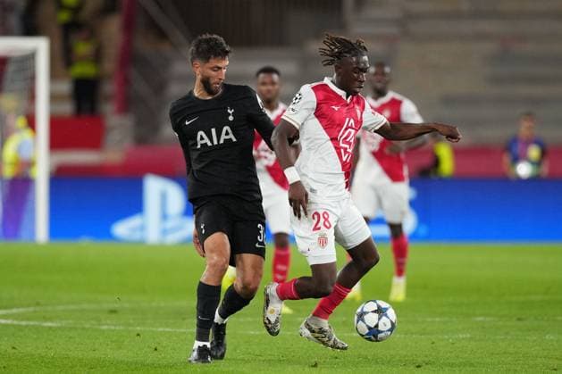 Mamadou Coulibaly of Monaco holds off Rodrigo Bentancur of Tottenham Monaco v Tottenham Hotspur, UEFA Champions League, Group Stage, Football, Stade Louis II, Monaco - 22 Oct 2025Monaco Stade Louis II Monaco EDITORIAL USE ONLY No use with unauthorised audio, video, data, fixture lists, club league logos or live services. Online in-match use limited to 120 images, no video emulation. No use in betting, games or single club league player publications. Copyright: xDavexWinter Shutterstockx 15552361hg
