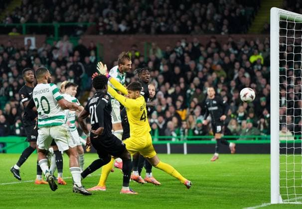 Benjamin Nygren of Celtic scores with a header past Matteo Bignetti of Sturm Graz to give Celtic. 2-1 lead. Celtic v Sturm Graz, UEFA Europa League, Group Stage, Football, Celtic Park, Glasgow, Scotland, UK - 23 Oct 2025Glasgow Celtic Park United Kingdom EDITORIAL USE ONLY No use with unauthorised audio, video, data, fixture lists, club league logos or live services. Online in-match use limited to 120 images, no video emulation. No use in betting, games or single club league player publications. Copyright: xStuartxWallace Shutterstockx 15567786ch