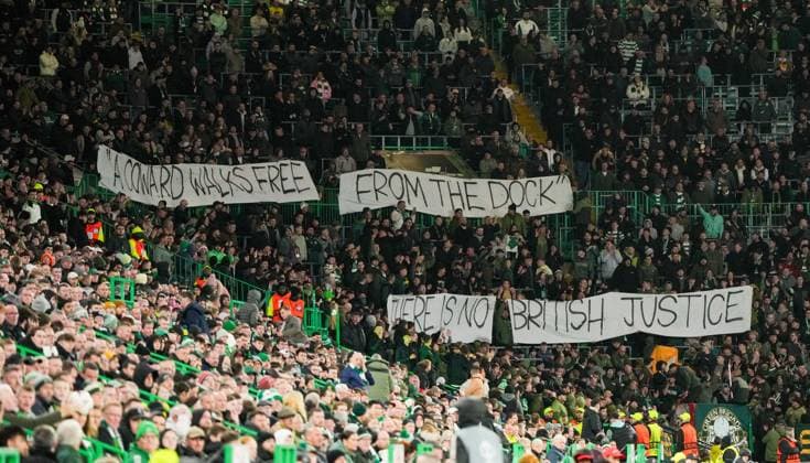 Celtic fans banner about Soldier F Celtic v Sturm Graz, UEFA Europa League, Group Stage, Football, Celtic Park, Glasgow, Scotland, UK - 23 Oct 2025Glasgow Celtic Park United Kingdom EDITORIAL USE ONLY No use with unauthorised audio, video, data, fixture lists, club league logos or live services. Online in-match use limited to 120 images, no video emulation. No use in betting, games or single club league player publications. Copyright: xStuartxWallace Shutterstockx 15567786ck