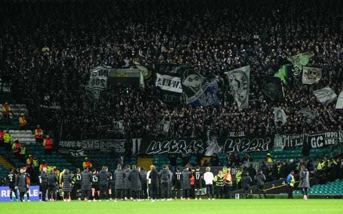 Sturm Graz fans. Celtic v Sturm Graz, UEFA Europa League, Group Stage, Football, Celtic Park, Glasgow, Scotland, UK - 23 Oct 2025Glasgow Celtic Park United Kingdom EDITORIAL USE ONLY No use with unauthorised audio, video, data, fixture lists, club league logos or live services. Online in-match use limited to 120 images, no video emulation. No use in betting, games or single club league player publications. Copyright: xStuartxWallace Shutterstockx 15567786cm