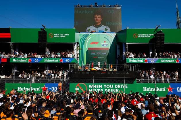 F1 - MEXICO CITY GRAND PRIX 2025 LECLERC Charles (mco), Scuderia Ferrari SF-25, portrait, NORRIS Lando (gbr), McLaren F1 Team MCL39, portrait, VERSTAPPEN Max (ned), Red Bull Racing RB21, portrait in the podium during the 2025 Formula 1 Mexico City Grand Prix, 20th round of the 2025 FIA Formula One World Championship, WM, Weltmeisterschaft from October 24 to 26, 2025 on the Autodromo Hermanos Rodriguez, in Mexico City, Mexico - Mexico CityMexico Copyright: xJavierxJimenezx
