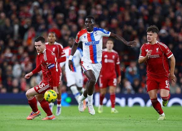 Ismaila Sarr of Crystal Palace and Andrew Robertson of Liverpool Liverpool v Crystal Palace, EFL Carabao Cup, Fourth Round, Football, Anfield, Liverpool, UK - 29 Oct 2025Liverpool Anfield United Kingdom EDITORIAL USE ONLY No use with unauthorised audio, video, data, fixture lists, club league logos or live services. Online in-match use limited to 120 images, no video emulation. No use in betting, games or single club league player publications. Copyright: xMattxWest Shutterstockx 15627839w