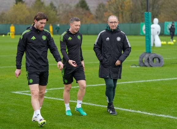Celtic Interim Manager Martin O Neill with Celtic captain Callum McGregor & Anthony Ralston of Celtic (left). Celtic Team Training, William Hill Scottish Premiership, Football, Lennoxtown Training Ground, East Dunbartonshire, Scotland, UK - 31 Oct 2025Glasgow Celtic Park United Kingdom EDITORIAL USE ONLY No use with unauthorised audio, video, data, fixture lists, club league logos or live services. Online in-match use limited to 120 images, no video emulation. No use in betting, games or single club league player publications. Copyright: xStuartxWallace Shutterstockx 15634047k