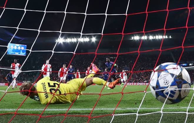 Bukayo Saka of Arsenal celebrates scoring the opening goal from penalty past Jakub Markovic of Slavia Prague Slavia Prague v Arsenal, UEFA Champions League, Group Stage, Football, Fortuna Arena, Prague, Czechia - 04 Nov 2025Prague Fortuna Arena Czech Republic EDITORIAL USE ONLY No use with unauthorised audio, video, data, fixture lists, club league logos or live services. Online in-match use limited to 120 images, no video emulation. No use in betting, games or single club league player publications. Copyright: xMichaelxZemanek Shutterstockx 15642030q