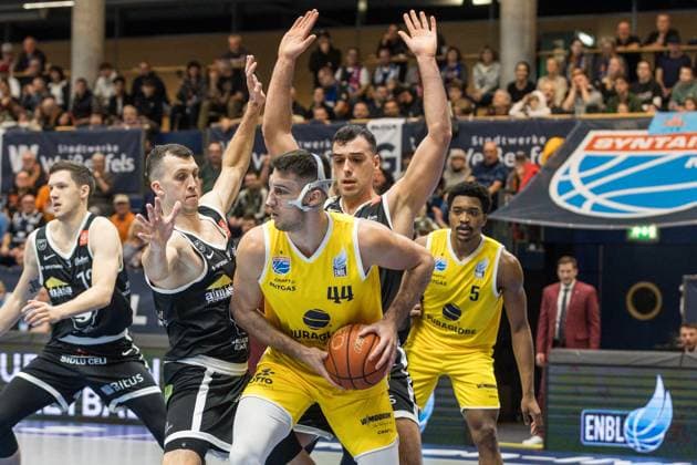 GER, European North Basketball League, ENBL, 2025-2026, Syntainics MBC - Valmiera Glass VIA. 05.11.2025, Stadthalle, Weißenfels, GER, European North Basketball League, ENBL, 2025-2026, Syntainics MBC - Valmiera Glass VIA. Jure Planinic (Syntainics MBC, 44) Â Foto Alexander Trienitz Weißenfels Stadthalle Sachsen-Anhalt Deutschland