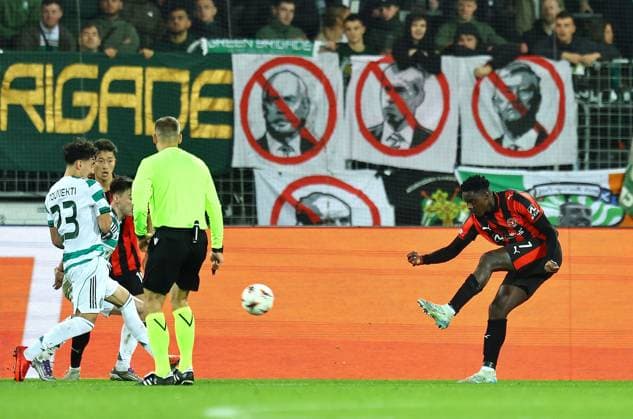 Franculino Dju of FC Midtjylland scores his sides third goal Midtjylland vs Celtic, UEFA Europa League, Group Stage, Football, MCH Arena, Herning, Denmark - 06 Nov 2025Herning MCH Arena Denmark EDITORIAL USE ONLY No use with unauthorised audio, video, data, fixture lists, club league logos or live services. Online in-match use limited to 120 images, no video emulation. No use in betting, games or single club league player publications. Copyright: xMichaelxZemanek Shutterstockx 15642247aa