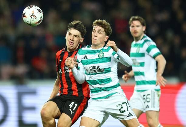 Arne Engels of Celtic competes for the ball with Mikel Kruger-Johnsen of FC Midtjylland Midtjylland vs Celtic, UEFA Europa League, Group Stage, Football, MCH Arena, Herning, Denmark - 06 Nov 2025Herning MCH Arena Denmark EDITORIAL USE ONLY No use with unauthorised audio, video, data, fixture lists, club league logos or live services. Online in-match use limited to 120 images, no video emulation. No use in betting, games or single club league player publications. Copyright: xMichaelxZemanek Shutterstockx 15642247af