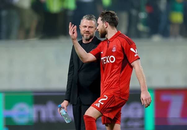 Aberdeen manager Jimmy Thelin and Nicky Devlin of Aberdeen after their side s draw AEK Larnaca v Aberdeen, UEFA Conference League, Group Stage, Football, AEK Arena, Larnaca, Cyprus - 06 Nov 2025Larnaca AEK Arena Cyprus EDITORIAL USE ONLY No use with unauthorised audio, video, data, fixture lists, club league logos or live services. Online in-match use limited to 120 images, no video emulation. No use in betting, games or single club league player publications. Copyright: xCharaxSavvides Shutterstockx 15642241di