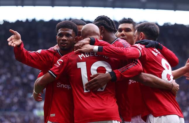 London, England, 8th November 2025. Bryan Mbeumo of Manchester United, ManU celebrates after scoring the opening goal during the Tottenham Hotspur vs Manchester United Premier League match at the Tottenham Hotspur Stadium, London. Picture credit should read: Paul Terry Sportimage EDITORIAL USE ONLY. No use with unauthorised audio, video, data, fixture lists, club league logos or live services. Online in-match use limited to 120 images, no video emulation. No use in betting, games or single club league player publications. SPI_036_PT_Tottenaham_Man_Utd SPI-4271-0036