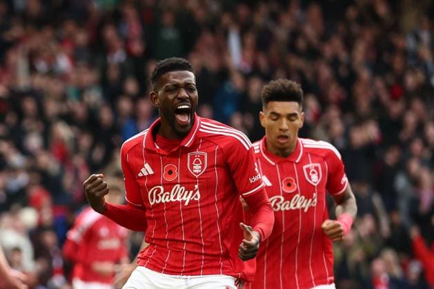 Ibrahim Sangare of Nottingham Forest scores a goal and celebrates 1-1. Nottingham Forest v Leeds United, Premier League, Football, City Ground, Nottingham, UK - 09 Nov 2025Nottingham City Ground United Kingdom EDITORIAL USE ONLY No use with unauthorised audio, video, data, fixture lists, club league logos or live services. Online in-match use limited to 120 images, no video emulation. No use in betting, games or single club league player publications. Copyright: xRyanxBrowne Shutterstockx 15702262bo