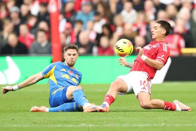 Anton Stach of Leeds United and Nicolas Dominguez of Nottingham Forest Nottingham Forest v Leeds United, Premier League, Football, City Ground, Nottingham, UK - 09 Nov 2025Nottingham City Ground United Kingdom EDITORIAL USE ONLY No use with unauthorised audio, video, data, fixture lists, club league logos or live services. Online in-match use limited to 120 images, no video emulation. No use in betting, games or single club league player publications. Copyright: xRyanxBrowne Shutterstockx 15702262bx