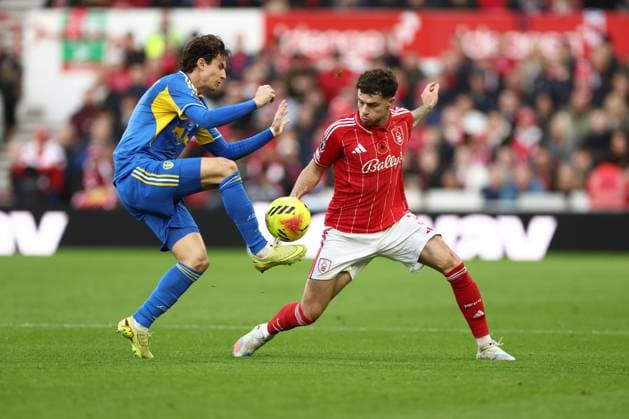 Brenden Aaronson of Leeds United and Neco Williams of Nottingham Forest Nottingham Forest v Leeds United, Premier League, Football, City Ground, Nottingham, UK - 09 Nov 2025Nottingham City Ground United Kingdom EDITORIAL USE ONLY No use with unauthorised audio, video, data, fixture lists, club league logos or live services. Online in-match use limited to 120 images, no video emulation. No use in betting, games or single club league player publications. Copyright: xRyanxBrowne Shutterstockx 15702262by