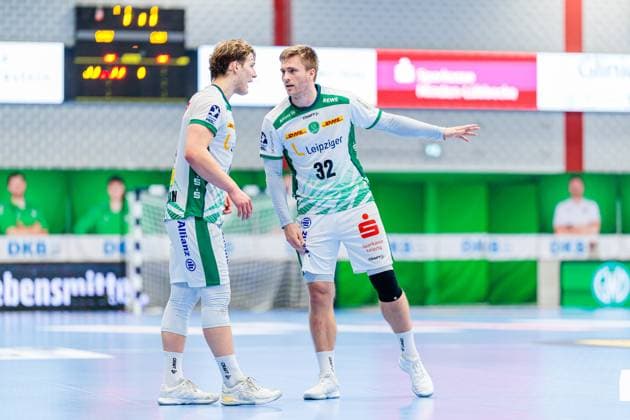 v.l. Blaer Hinriksson (SC DHfK Leipzig, 44), Franz Semper (SC DHfK Leipzig, 32) GER, GWD Minden vs. SC DHfK Leipzig, Handball, 1. Bundesliga, 12. Spieltag, Spielzeit 2025 2026, 14.11.2025 GER, GWD Minden vs. SC DHfK Leipzig, Handball, 1. Bundesliga, 12. Spieltag, Spielzeit 2025 2026, 14.11.2025 Luebbecke Copyright: xEibner-Pressefoto JanxRollingerx EP_JSK