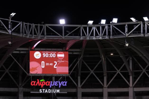 SOCCER - FIFA WC quali, CYP vs AUT LIMASSOL,CYPRUS,15.NOV.25 - SOCCER - FIFA World Cup, WM, Weltmeisterschaft, Fussball 2026, European Qualifiers, group stage, OEFB international match, Länderspiel, Nationalmannschaft Cyprus vs Austria. Image shows the final scoreboard. GEPAxpictures xArminxRauthner