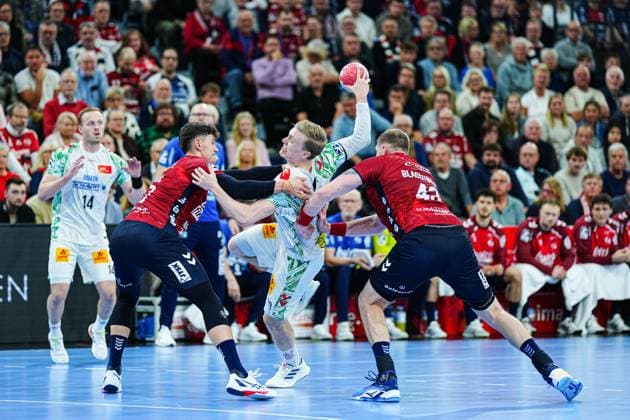 Marco Grgic (SG Flensburg-Handewitt, 17), Omar Ingi Magnusson (SC Magdeburg, 14), Blaz Blagotinsek (SG Flensburg-Handewitt, 43) GER, SG Flensburg-Handewitt vs. SC Magdeburg, Handball, Bundesliga, Spieltag 12, Saison 2026 2026, 15.11.2025 GER, SG Flensburg-Handewitt vs. SC Magdeburg, Handball, Bundesliga, Spieltag 12, Saison 2026 2026, 15.11.2025 Flensburg Copyright: xEibner-Pressefoto MarcelxvonxFehrnx EP_MFN
