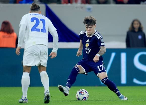Ben Gannon-Doak of Scotland in action against Kostas Tsimikas of Greece Greece v Scotland, FIFA 2026 World Cup Qualifying, Group C, Football, Georgios Karaiskakis Stadium, Athens, Greece - 15 Nov 2025Athens Georgios Karaiskakis Stadium Greece EDITORIAL USE ONLY No use with unauthorised audio, video, data, fixture lists, club league logos or live services. Online in-match use limited to 120 images, no video emulation. No use in betting, games or single club league player publications. Copyright: xGeorgexTewkesbury Shutterstockx 15786154br