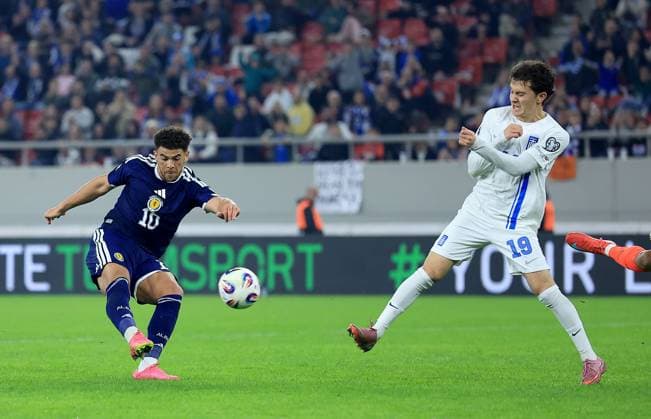 Chà Adams of Scotland attempts a shot on goal Greece v Scotland, FIFA 2026 World Cup Qualifying, Group C, Football, Georgios Karaiskakis Stadium, Athens, Greece - 15 Nov 2025Athens Georgios Karaiskakis Stadium Greece EDITORIAL USE ONLY No use with unauthorised audio, video, data, fixture lists, club league logos or live services. Online in-match use limited to 120 images, no video emulation. No use in betting, games or single club league player publications. Copyright: xGeorgexTewkesbury Shutterstockx 15786154cr