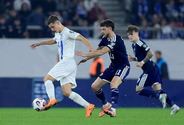 Fotis Ioannidis of Greece in action against Ryan Christie of Scotland Greece v Scotland, FIFA 2026 World Cup Qualifying, Group C, Football, Georgios Karaiskakis Stadium, Athens, Greece - 15 Nov 2025Athens Georgios Karaiskakis Stadium Greece EDITORIAL USE ONLY No use with unauthorised audio, video, data, fixture lists, club league logos or live services. Online in-match use limited to 120 images, no video emulation. No use in betting, games or single club league player publications. Copyright: xGeorgexTewkesbury Shutterstockx 15786154cz