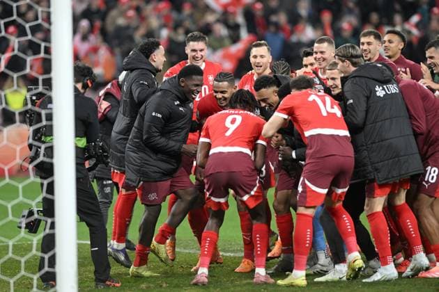 SQUADRA, TEAM, GRUPPO, GROUP, BREEL EMBOLO, MANUEL AKANJI, JOHAN MANZAMBI, DAN NDOYE, MICHEL AEBISCHER, SILVAN WIDMER, NICO ELVEDI, Svizzera, World Cup 2026 Qualifying, Switzerland-Sweden 4-1, esultanza, jubel, joy, celebration after the match QUALIFICAZIONI MONDIALI 2026 SVIZZERA-SVEZIA 4-1
