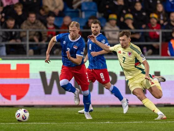 15.11.2025, Rheinpark Stadion, Vaduz, LIE, FIFA WM 2026 Qualifikation, Liechtenstein vs Wales, Gruppe J, im Bild Max Göppel (Liechtenstein) und David Brooks (Wales) Max Göppel (Liechtenstein) und David Brooks (Wales) during the FIFA World Cup, WM, Weltmeisterschaft, Fussball 2026 qualifier group J match between Liechtenstein and Wales at the Rheinpark Stadion in Vaduz, Liechtenstein on 2025 11 15. Expa Vaduz