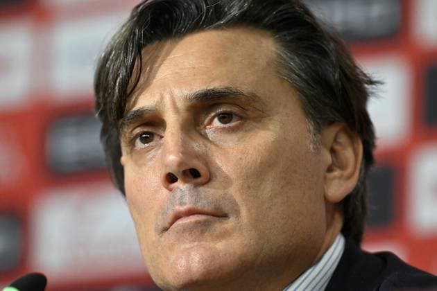 Ahead of Spain v Turkiye - 2026 FIFA World Cup, WM, Weltmeisterschaft, Fussball European Qualifiers SEVILLA, SPAIN - NOVEMBER 17: Turkiye national team, Nationalteam coach Vincenzo Montella and Turkish national football player Zeki Celik (not seen) attend a press conference, PK, Pressekonferenz held at La Cartuja Stadium ahead of the 2026 FIFA World Cup European Qualifiers Group E 6th match between Spain and Turkiye, in Sevilla, Spain on November 17, 2025. Burak Akbulut Anadolu Sevilla Spain. Editorial use only. Please get in touch for any other usage. Copyright: x2025xAnadoluxBurakxAkbulutx