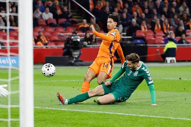 Tijjani Reijnders of the Netherlands scoring the 1-0 Netherlands v Lithuania, FIFA World Cup, WM, Weltmeisterschaft, Fussball 2026 Qualifier, Netherlands v Lithuania, Johan Cruijff Arena, November 17, 2025, Amsterdam, Netherlands.