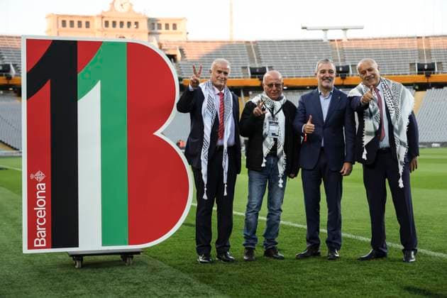 November 18, 2025, Barcelona, Barcelona, SPAIN: Joan Collboni, Mayor of Barcelona, Husni Abdel Wahed, Palestinian Ambassador to Spain and Jibril Rajoud, President of the Palestinian Football Federation, during the International Friendly, Länderspiel, Nationalmannschaft match between Catalonia and Palestine at the Estadi Olimpic Lluis Companys on November 18, 2025 in Barcelona, Spain. Barcelona SPAIN - ZUMAa181 20251118_zaa_a181_010 Copyright: xJavierxBorregox