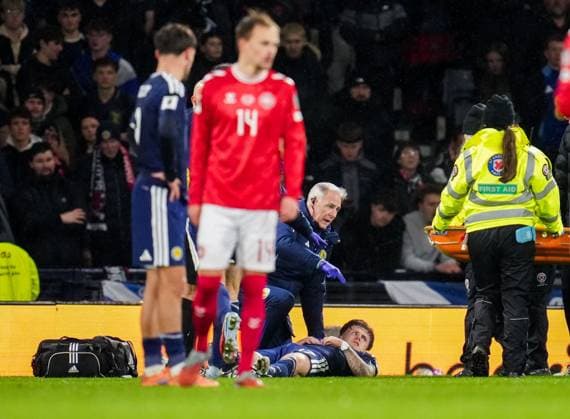 Ben Gannon-Doak of Scotland lays injured on the pitch before being carried off on a stretcher. Scotland v Denmark, FIFA 2026 World Cup Qualifying, Group C, Football, Hampden Park, Glasgow, Scotland, UK - 18 Nov 2025Glasgow Hampden Park United Kingdom EDITORIAL USE ONLY No use with unauthorised audio, video, data, fixture lists, club league logos or live services. Online in-match use limited to 120 images, no video emulation. No use in betting, games or single club league player publications. Copyright: xStuartxWallace Shutterstockx 15846619h