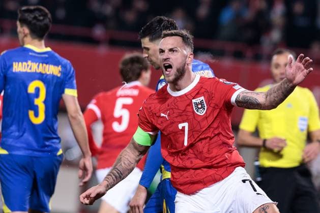 SOCCER - FIFA WC quali, AUT vs BIH VIENNA,AUSTRIA,18.NOV.25 - FIFA World Cup, WM, Weltmeisterschaft, Fussball 2026, European Qualifiers, group stage, OEFB international match, Länderspiel, Nationalmannschaft Austria vs Bosnia and Herzegovina. Image shows the rejoicing of Marko Arnautovic (AUT). GEPAxpictures xArminxRauthner