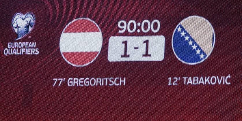 SOCCER - FIFA WC quali, AUT vs BIH VIENNA,AUSTRIA,18.NOV.25 - FIFA World Cup, WM, Weltmeisterschaft, Fussball 2026, European Qualifiers, group stage, OEFB international match, Länderspiel, Nationalmannschaft Austria vs Bosnia and Herzegovina. Image shows the scoreboard. GEPAxpictures xWalterxLuger