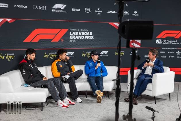Formula 1 Heineken Las Vegas Grand Prix 2025 Thomas Cerato OVERTAKE MAXPPP - Las Vegas 20 11 2025 04 NORRIS Lando (gbr), McLaren F1 Team, portrait & 43 COLAPINTO Franco (arg), BWT Alpine F1 Team, portrait & 31 OCON Esteban (fra), MoneyGram Haas F1 Team, portrait press conference, PK, Pressekonferenz at the Formula 1 Heineken Las Vegas Grand Prix 2025, the 22nd round of the 2025 FIA Formula 1 World Championship, WM, Weltmeisterschaft held on the Las Vegas Strip Circuit in Las Vegas, Nevada, United States, from 19 to 22 November 2025. Las Vegas Las Vegas Strip Circuit United States Copyright: xOVERTAKE MAXPPPxThomasxCeratox OVT202511206205 OVT202511206205