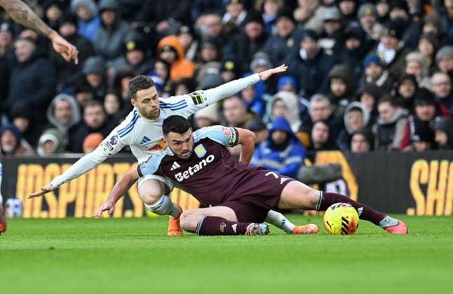 Gabriel Gudmundsson of Leeds United and John McGinn of Aston Villa Leeds United v Aston Villa, Premier League, Football, Elland Road, Leeds, UK - 23 Nov 2025Leeds Elland Road United Kingdom EDITORIAL USE ONLY No use with unauthorised audio, video, data, fixture lists, club league logos or live services. Online in-match use limited to 120 images, no video emulation. No use in betting, games or single club league player publications. Copyright: xAnnaxGowthorpe Shutterstockx 15860945y