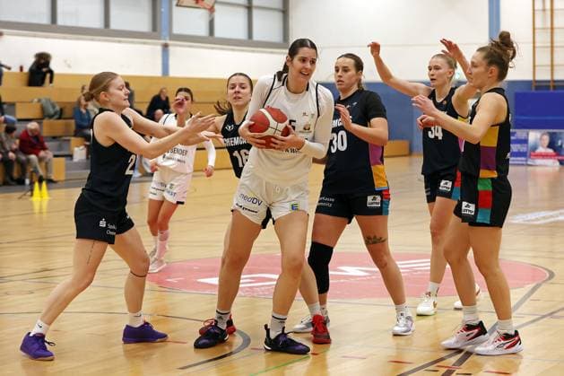 23.11.2025, xovx, Basketball DBBL, 2. Damen Basketball Bundesliga Nord, Bender Baskets Grünberg - ChemCats Chemnitz v.l. Leann Rebentisch (ChemCats Chemnitz), Lotte Seegräber (Bender Baskets Grünberg), Leni Knorr (ChemCats Chemnitz), Charlotte Kohl (Bender Baskets Grünberg), Erin Stroberg (ChemCats Chemnitz), Lilly Küppers (ChemCats Chemnitz), Lucille Peroche (ChemCats Chemnitz) Grünberg Sporthalle Theo-Koch-Schule Hessen Deutschland (DE)