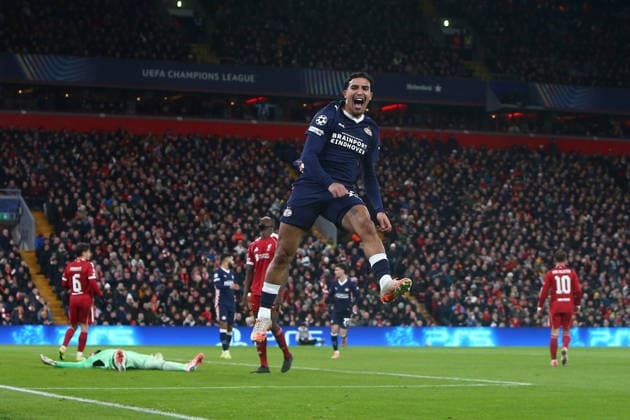 Couhaib Driouech of PSV celebrates scoring their sides third goal Liverpool v PSV Eindhoven, UEFA Champions League, Group Stage, Football, Anfield, Liverpool, UK- 26 Nov 2025Liverpool Anfield United Kingdom EDITORIAL USE ONLY No use with unauthorised audio, video, data, fixture lists, club league logos or live services. Online in-match use limited to 120 images, no video emulation. No use in betting, games or single club league player publications. Copyright: xPhilxOldham Shutterstockx 15927967ax