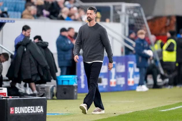 Sandro Wagner (Trainer, Cheftrainer, FCA), Freisteller, Ganzkörper, Einzelbild, Einzelfoto, Aktion, Action, enttäuscht über die Niederlage, Enttäuschung nach dem Schlusspfiff, Highlight, Verlierer, verloren, Frustration, disappointed, pessimistisch, 29.11.2025, Sinsheim (Deutschland), Fussball, Bundesliga, TSG 1899 Hoffenheim - FC Augsburg, DFB DFL REGULATIONS PROHIBIT ANY USE OF PHOTOGRAPHS AS IMAGE SEQUENCES AND OR QUASI-VIDEO.