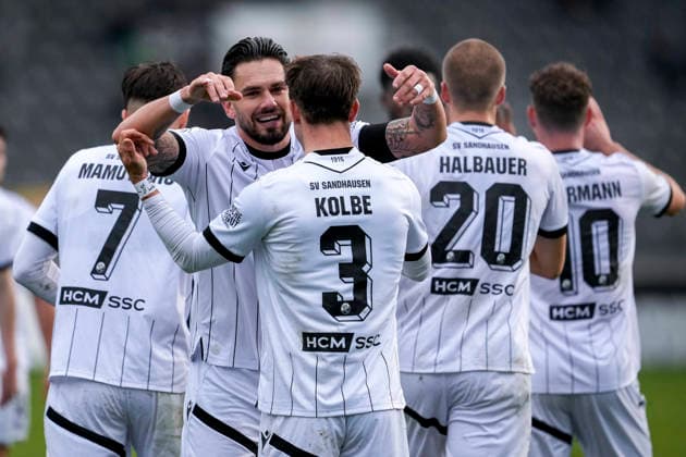 v.li.: David Mamutovic (SVS, 7), Pascal Testroet (SVS, 37), Torschütze Louis Kolbe (SVS, 3), Phil Halbauer (SVS, 20), Jahn Herrmann (SVS, 10), Spieler vom SV Sandhausen (SVS), jubeln über das Tor zum 2:1, Jubel, Torjubel, Torerfolg, celebrate the goal, goal, celebration, jubelt ueber das Tor, Freuen, Freude, freut sich, optimistisch, positiv, Spielszene, Highlight, Action, Aktion, 30.11.2025, Sandhausen (Deutschland), Fussball, Regionalliga Südwest, SV Sandhausen - SV Stuttgarter Kickers