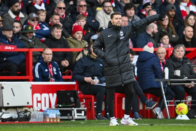Nottingham, England, 30th November 2025. Fabian Hurzeler, manager of Brighton gives his team instructions during the Nottingham Forest vs Brighton and Hove Albion Premier League match at the City Ground, Nottingham. Picture credit should read: Craig Thomas Sportimage EDITORIAL USE ONLY. No use with unauthorised audio, video, data, fixture lists, club league logos or live services. Online in-match use limited to 120 images, no video emulation. No use in betting, games or single club league player publications. SPI_086_CT_Nottingham_Forest_vs_Brighton_and_Hove_Albion SPI-4337-0157