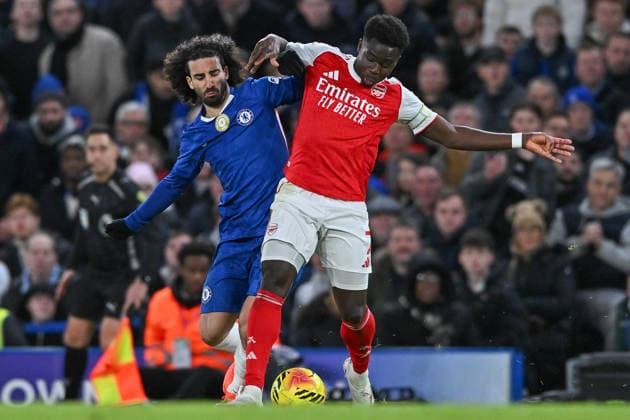 (251201) -- LONDON, Dec. 1, 2025 -- Marc Cucurella (R) of Chelsea vies with Bukayo Saka of Arsenal during the English Premier League match between Arsenal FC and Chelsea FC in London, Britain, on Nov. 30, 2025. FOR EDITORIAL USE ONLY. NOT FOR SALE FOR MARKETING OR ADVERTISING CAMPAIGNS. NO USE WITH UNAUTHORIZED AUDIO, VIDEO, DATA, FIXTURE LISTS, CLUB LEAGUE LOGOS OR LIVE SERVICES. ONLINE IN-MATCH USE LIMITED TO 45 IMAGES, NO VIDEO EMULATION. NO USE IN BETTING, GAMES OR SINGLE CLUB LEAGUE PLAYER PUBLICATIONS. (SP)BRITAIN-LONDON-FOOTBALL-PREMIER LEAGUE-ARSENAL VS CHELSEA LixYing