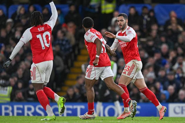 (251201) -- LONDON, Dec. 1, 2025 -- Mikel Merino of Arsenal celebrates scoring with teammates during the English Premier League match between Arsenal FC and Chelsea FC in London, Britain, on Nov. 30, 2025. FOR EDITORIAL USE ONLY. NOT FOR SALE FOR MARKETING OR ADVERTISING CAMPAIGNS. NO USE WITH UNAUTHORIZED AUDIO, VIDEO, DATA, FIXTURE LISTS, CLUB LEAGUE LOGOS OR LIVE SERVICES. ONLINE IN-MATCH USE LIMITED TO 45 IMAGES, NO VIDEO EMULATION. NO USE IN BETTING, GAMES OR SINGLE CLUB LEAGUE PLAYER PUBLICATIONS. (SP)BRITAIN-LONDON-FOOTBALL-PREMIER LEAGUE-ARSENAL VS CHELSEA LixYing